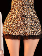 Bold Leopard Print Bodycon Slip Dress with Sheer Black Lace Trim
