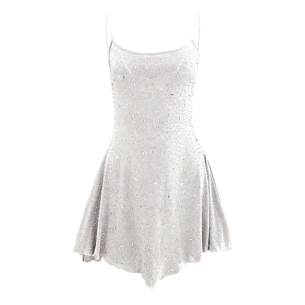 Sparkle Embellished Sleeveless Mini Dress With Flared Skater Inspired Silhouette