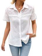Crisp White Cotton Short-Sleeve Blouse with Floral Eyelet Embroidery