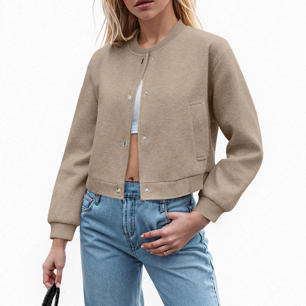 Women's Cropped Button Front Bomber Jacket Relaxed Casual Streetwear Layering Outerwear