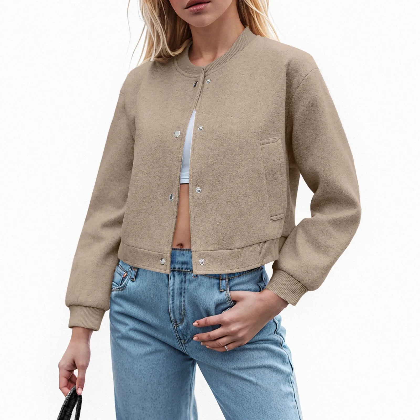 Women's Cropped Button Front Bomber Jacket Relaxed Casual Streetwear Layering Outerwear