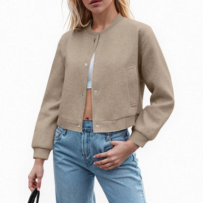 Women's Cropped Button Front Bomber Jacket Relaxed Casual Streetwear Layering Outerwear