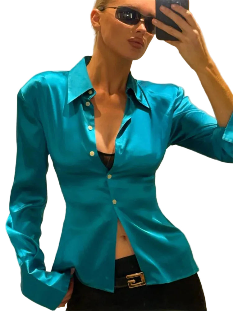 Vibrant Teal Satin-Finish Slim Fit Button-Down Blouse with Polished Collar