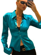 Vibrant Teal Satin-Finish Slim Fit Button-Down Blouse with Polished Collar