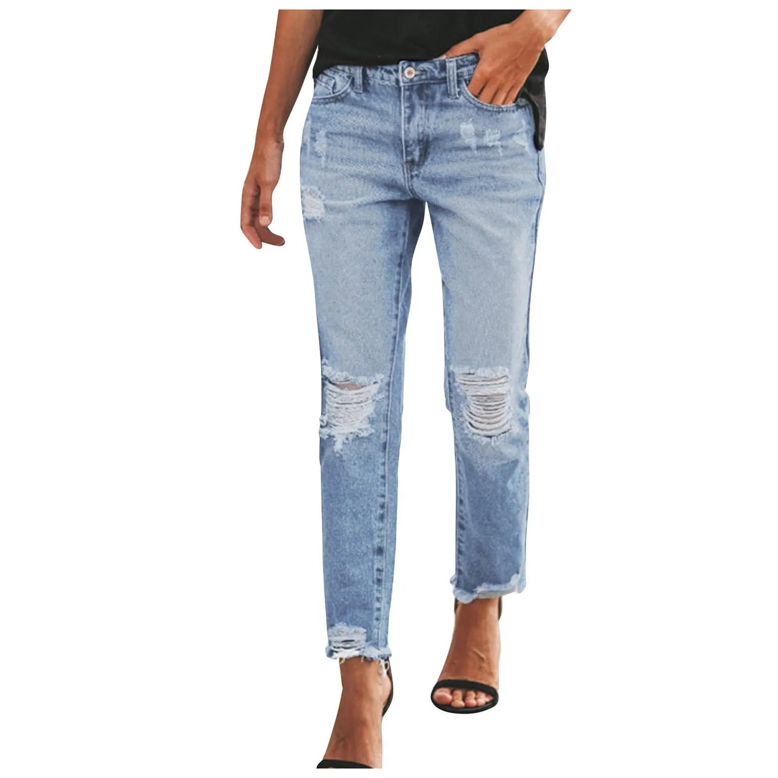 Women's Distressed Slim Straight Denim Jeans with Frayed Knee Details and Casual Streetwear Style