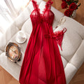 Dramatic Red Sheer Mesh Maxi Nightgown Set with Ruffled Neckline