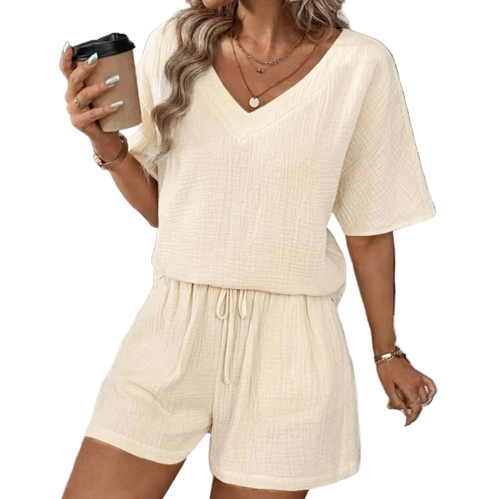 Textured V Neck Top and Shorts Relaxed Summer Co-Ord Set
