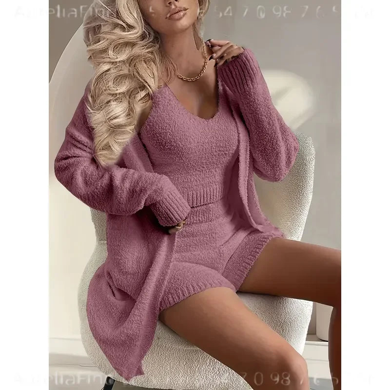 Women's Fall Loungewear Set with Long-Sleeve Cardigan, V-Neck Tank Top and Matching Shorts, Soft Relaxed Homewear Sleepwear Outfit