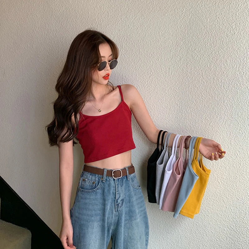 Square Neck Sleeveless Crop Top with Wide Straps Contemporary Streetwear Style
