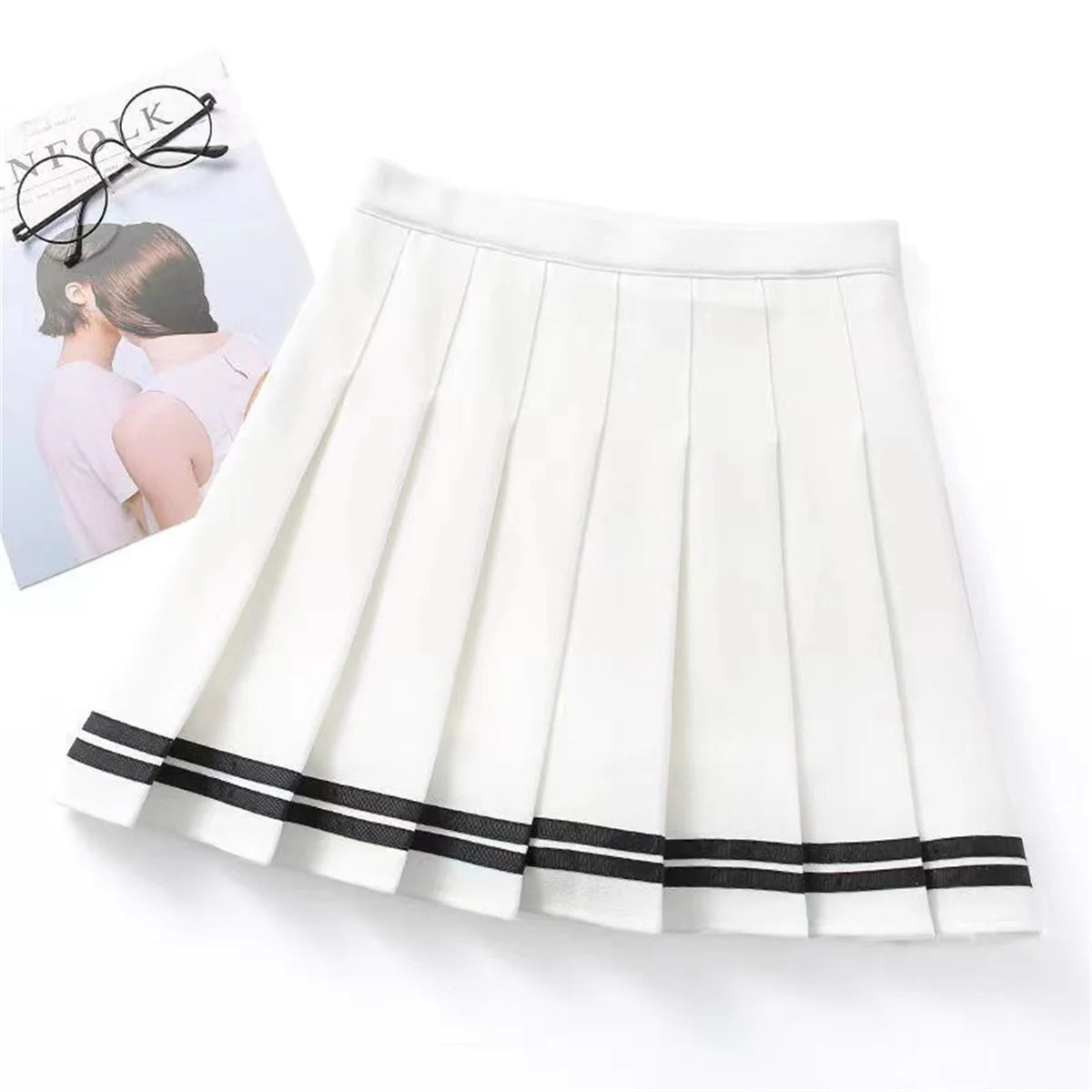 Contrast Trim Pleated Mini Skirt with High Rise Preppy Streetwear Style