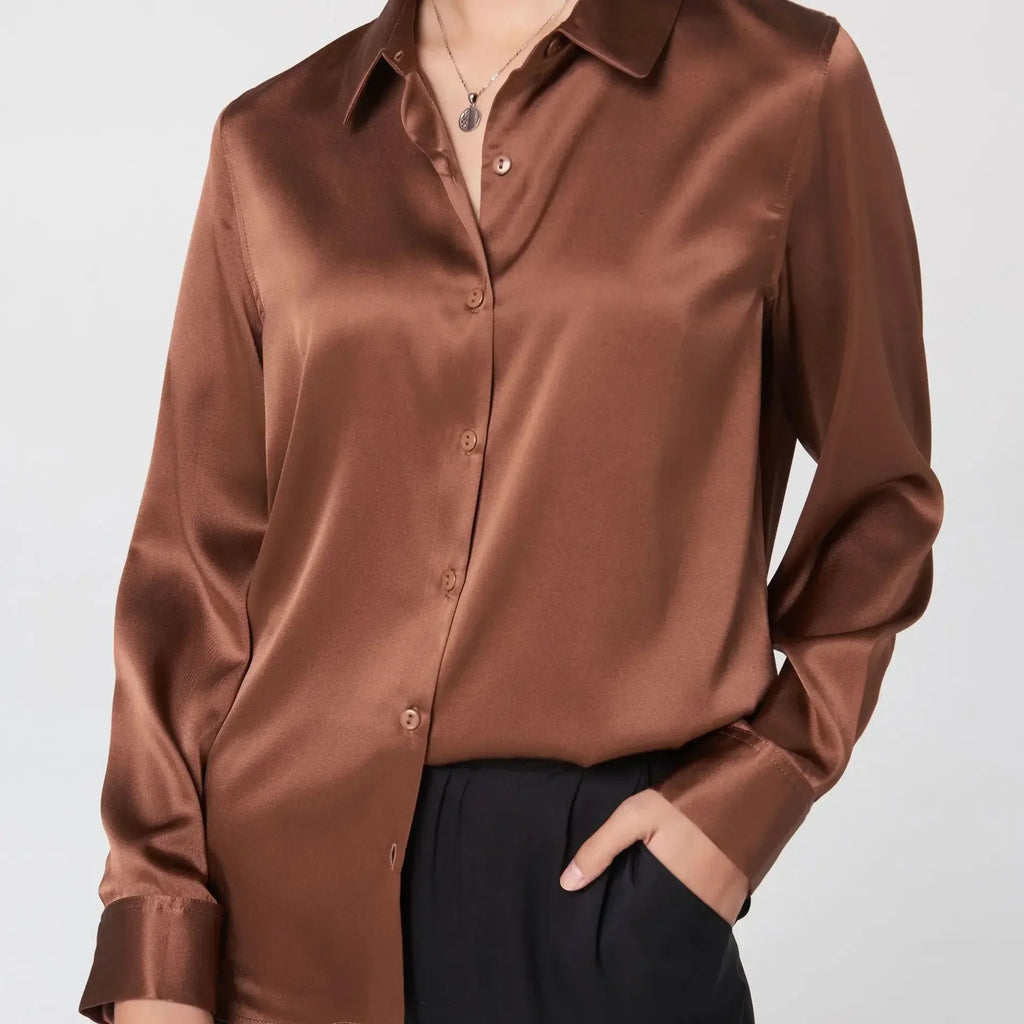 Elegant Navy Blue Silk-Blend Satin Button-Down Blouse