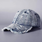 Vintage Washed Denim Baseball Cap with Distressed Frayed Finish for Casual Streetwear Style
