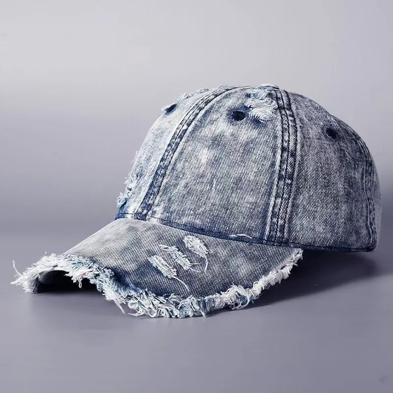 Vintage Washed Denim Baseball Cap with Distressed Frayed Finish for Casual Streetwear Style