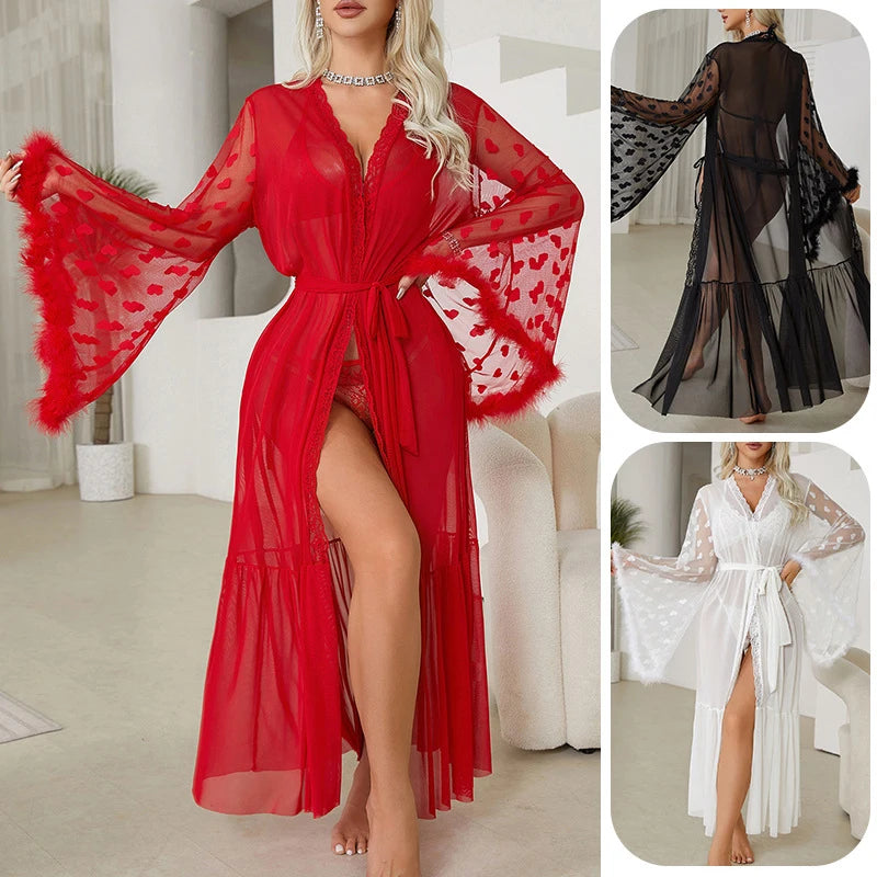 Dramatic Sheer Red Mesh Robe with Flowing Bell Sleeves and Lace Edging