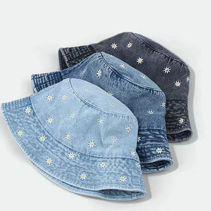 Women's Embroidered Cotton Blend Bucket Hat with Floral Detail for Casual Outdoor Everyday Wear