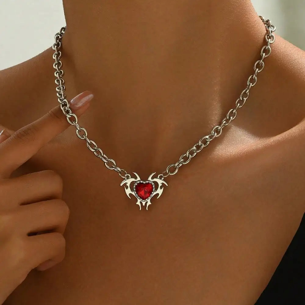 Dark Feminine Crystal Heart Pendant Necklace for Gothic and Y2K Looks