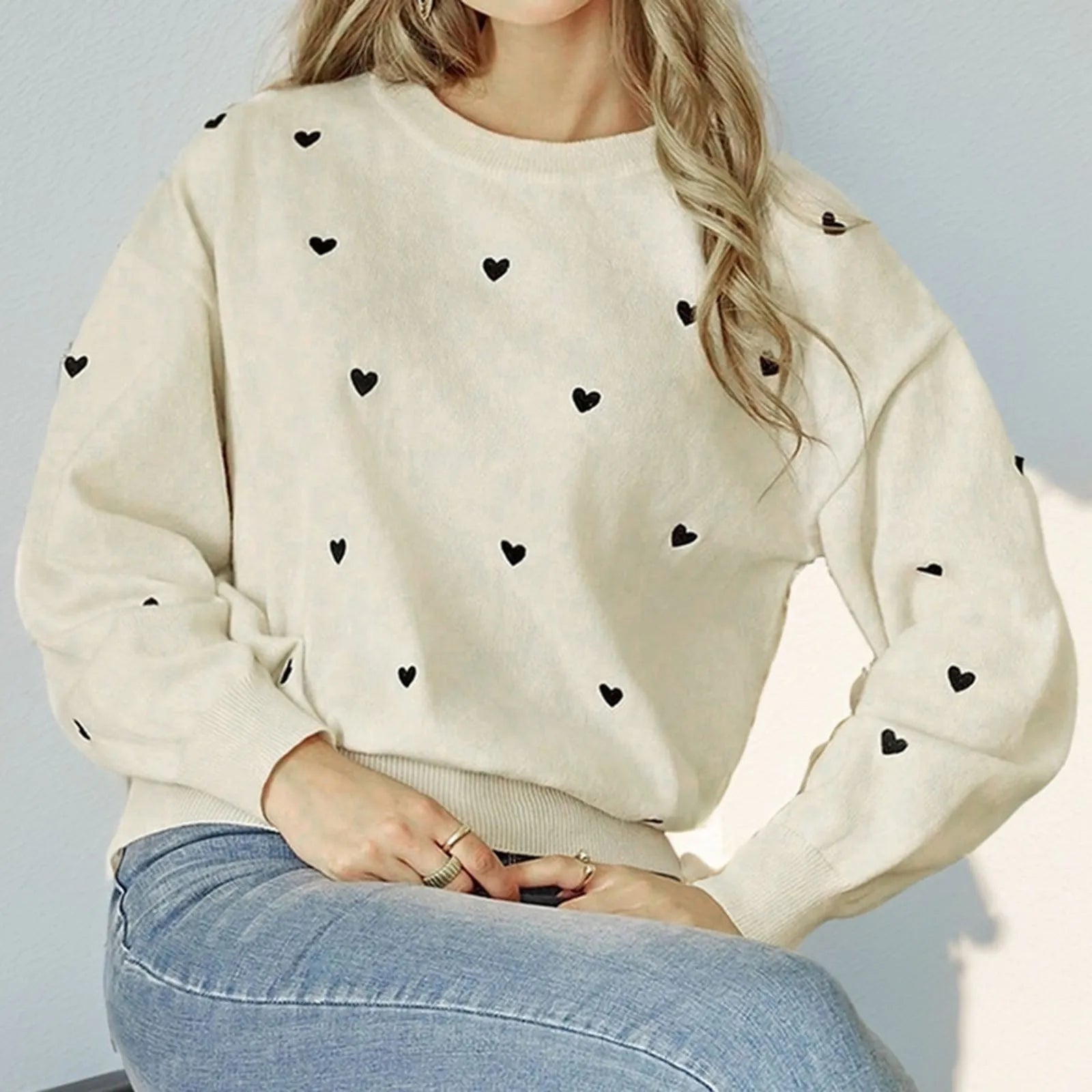 Women's Heart Pattern Relaxed Fit Knit Pullover Streetwear Sweater