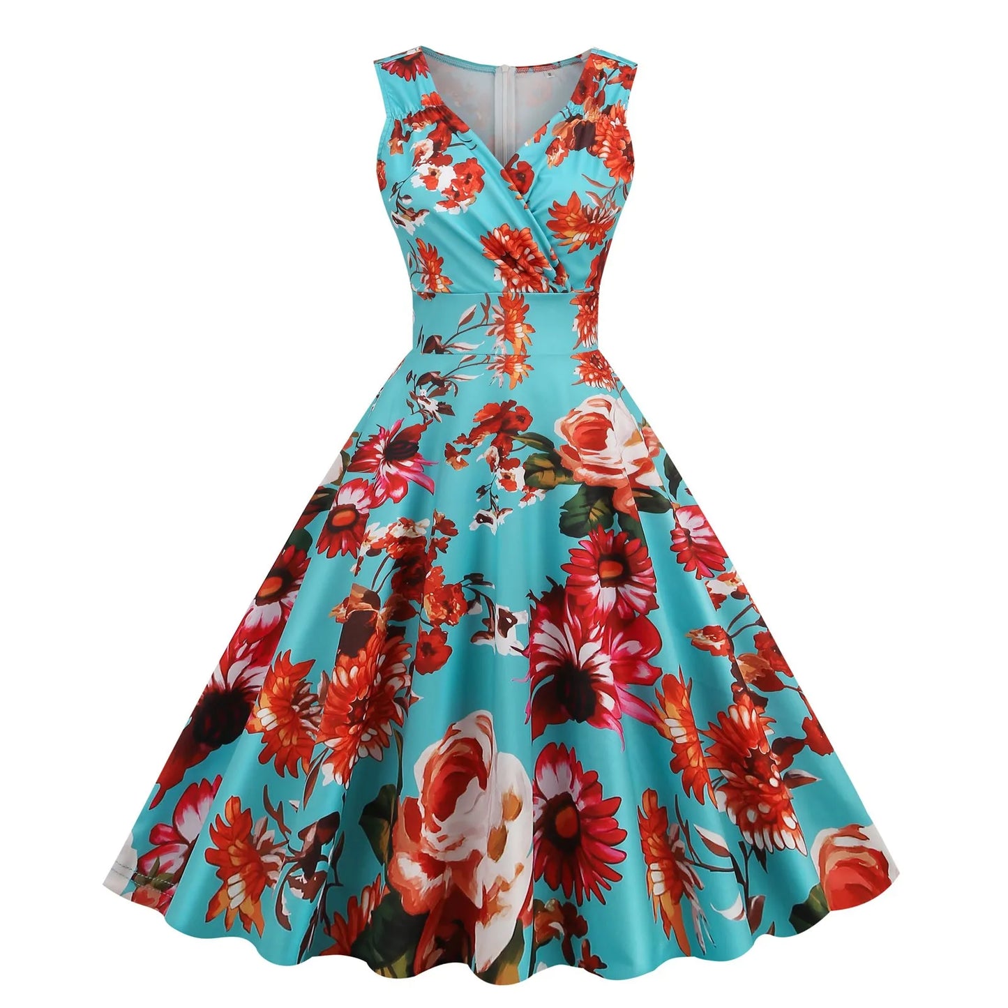 Vintage Floral Print Sleeveless Alternative Swing Midi Dress