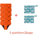 Five-Piece Solid Black Menstrual Brief Set with Two Printed Travel Bags