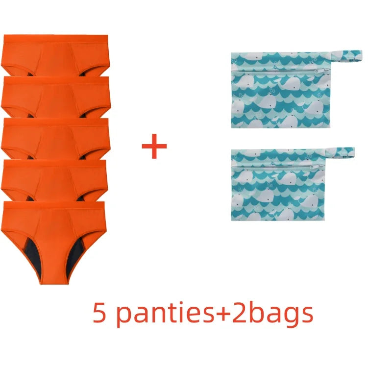 Five-Piece Solid Black Menstrual Brief Set with Two Printed Travel Bags