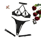 Provocative Black Strappy Cut-Out Lingerie Set with Tassel Accents