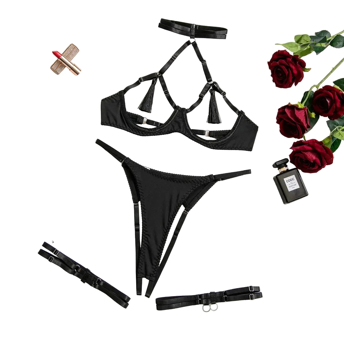 Provocative Black Strappy Cut-Out Lingerie Set with Tassel Accents