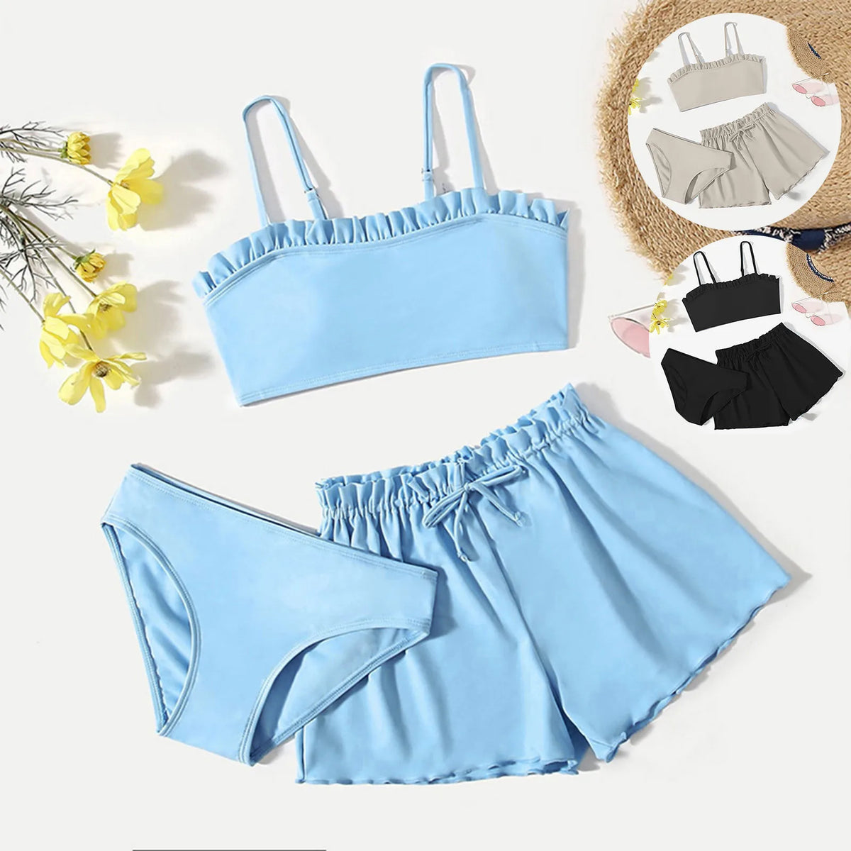 Girls' Three-Piece Ruffle Swimwear Set with Solid-Color Two-Piece Base and Coordinating Beach Cover-Up