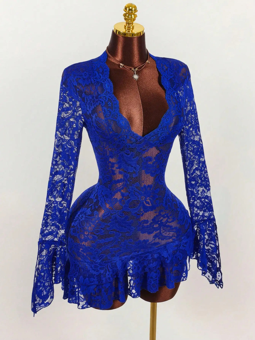 Sheer Lace Mini Dress with V-Neckline and Flared Sleeve Party Style