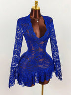 Sheer Lace Mini Dress with V-Neckline and Flared Sleeve Party Style