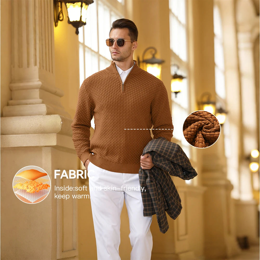 Men's Quarter Zip Mock Neck Textured Knit Casual Sweater Pullover