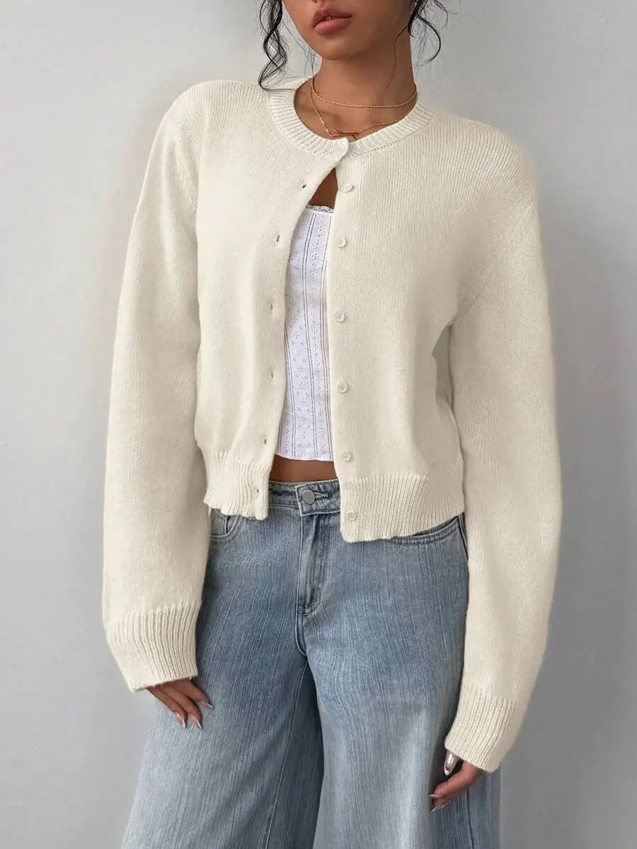 Women's Cropped Crew Neck Relaxed Fit Minimalist Knit Sweater