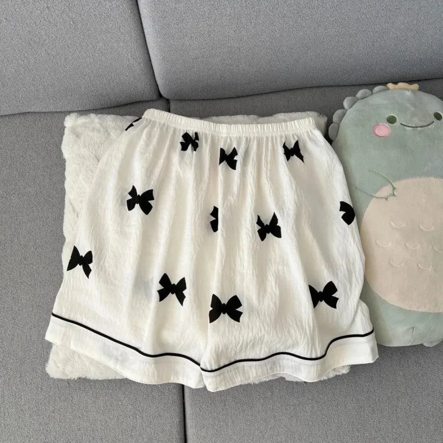 Women's Bow Print Button-Front Pajama Set, Sleeveless Lapel-Style Top and Matching Shorts, Soft Casual Summer Loungewear