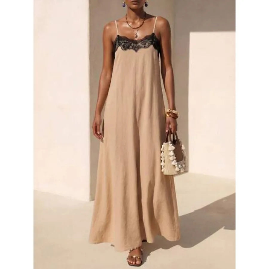 Contrast Trim Maxi Dress With Soft A Line Flowing Silhouette