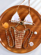 Retro Geometric Print Triangle String Bikini with Center Clasp