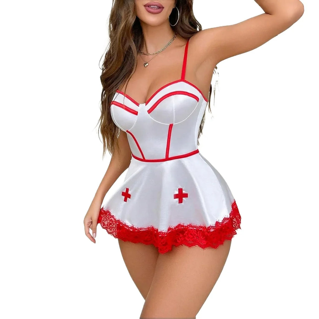 Playful Themed Mini Dress with Red Contrast Piping and Lace Trim