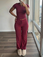 Women's Short Sleeve T-Shirt and Pants Co-Ord Set Relaxed Casual Outfit
