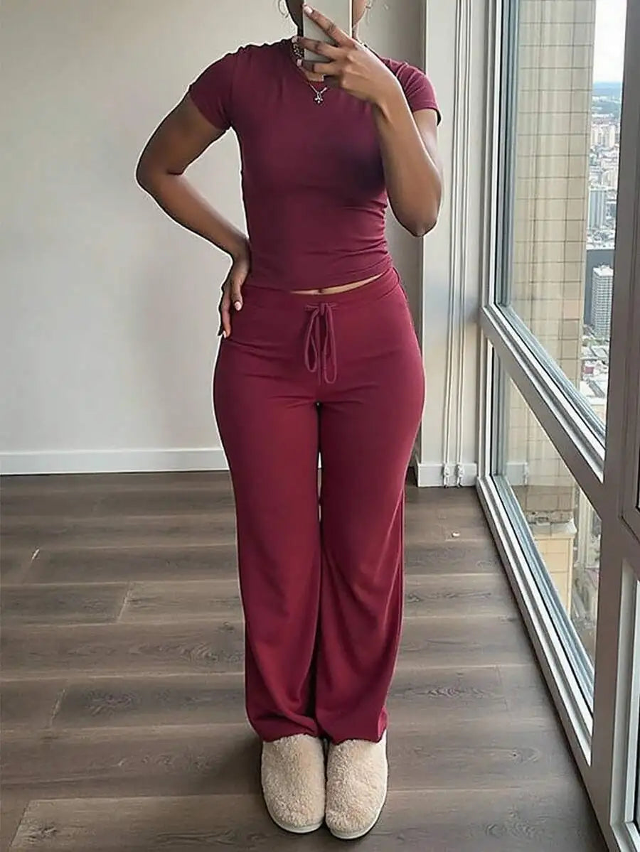 Women's Short Sleeve T-Shirt and Pants Co-Ord Set Relaxed Casual Outfit