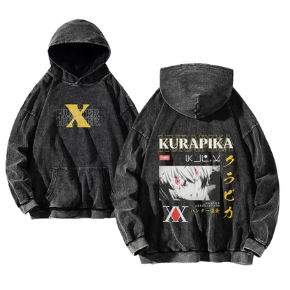 Anime Hunter Graphic Washed Hoodie with Vintage Manga Streetwear Style