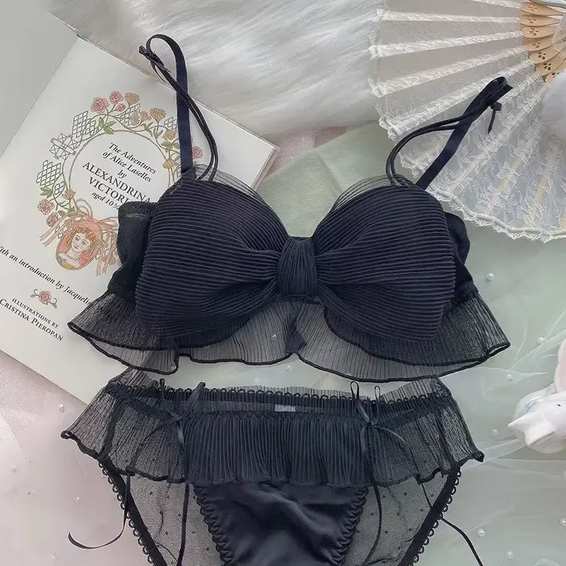 Ruffled Tulle Statement Bow Wire-Free Bralette and Matching Frilled Low-Rise Panty Set