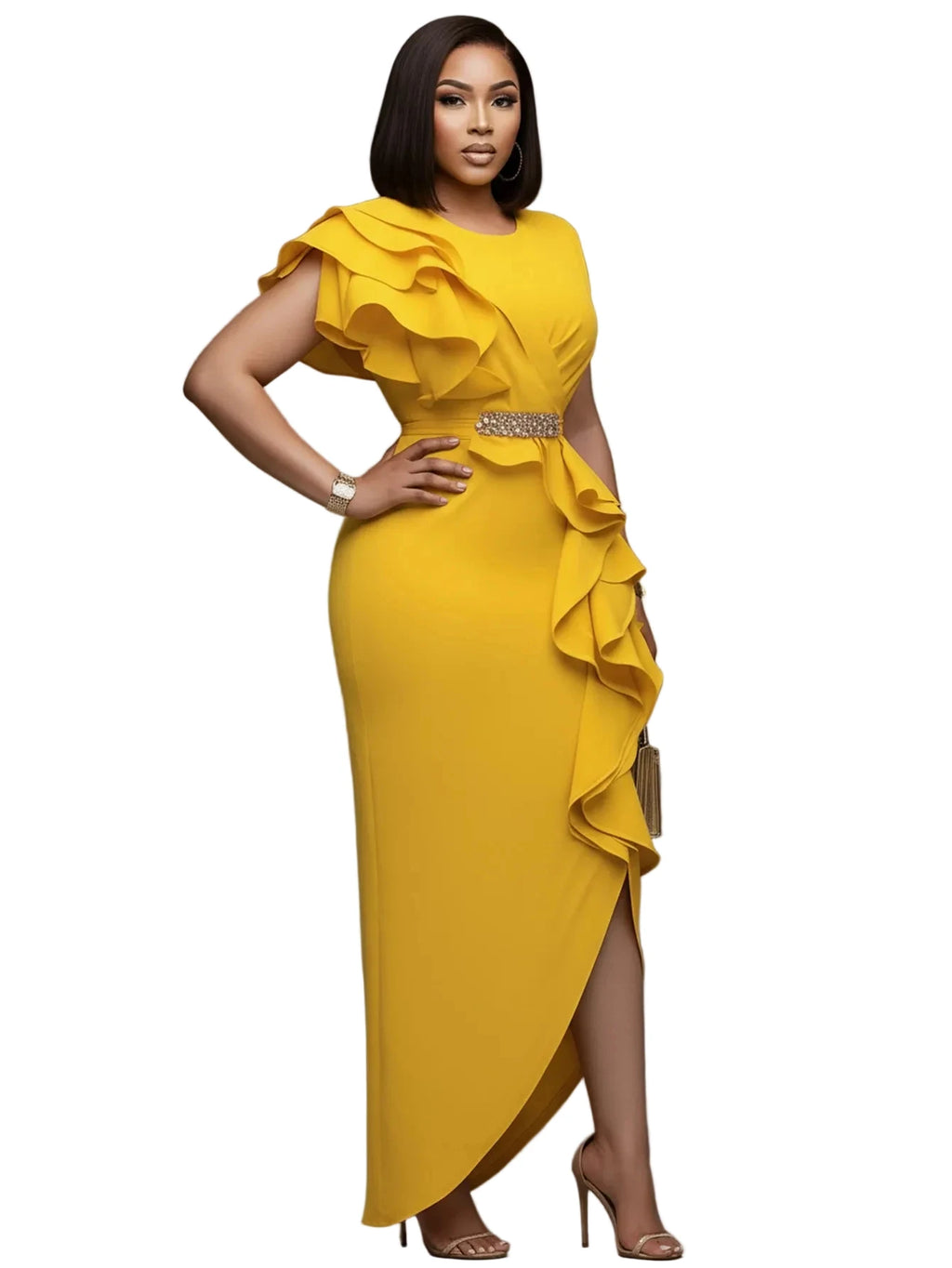Striking Asymmetrical Ruffle Bodycon Dress with Side Split Detail