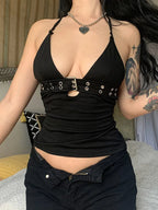 Strappy Buckle Detail Crop Top with Backless Streetwear Inspired Silhouette