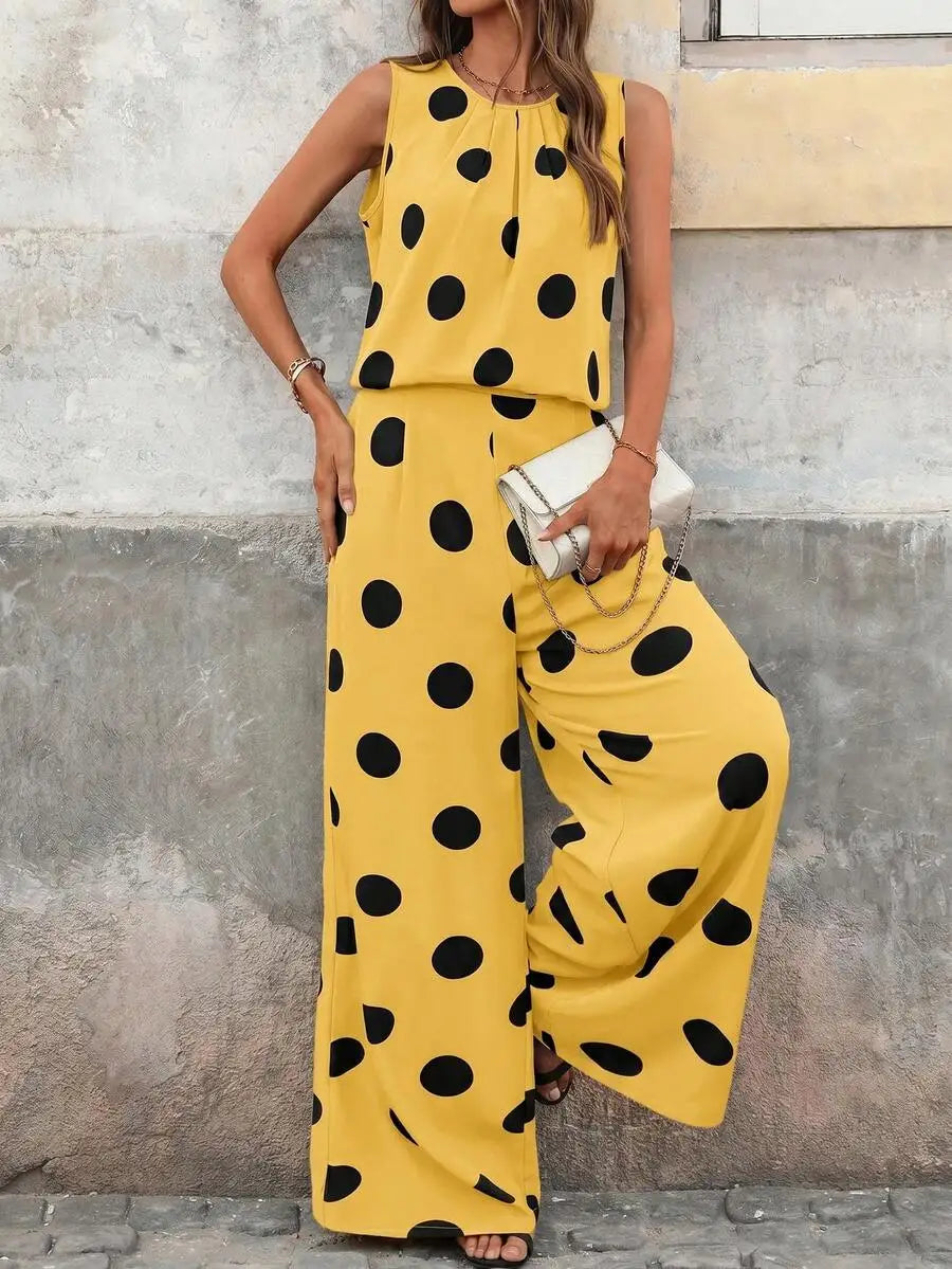 Women's Polka Dot Sleeveless Top and Wide Leg Pants Co-Ord Set