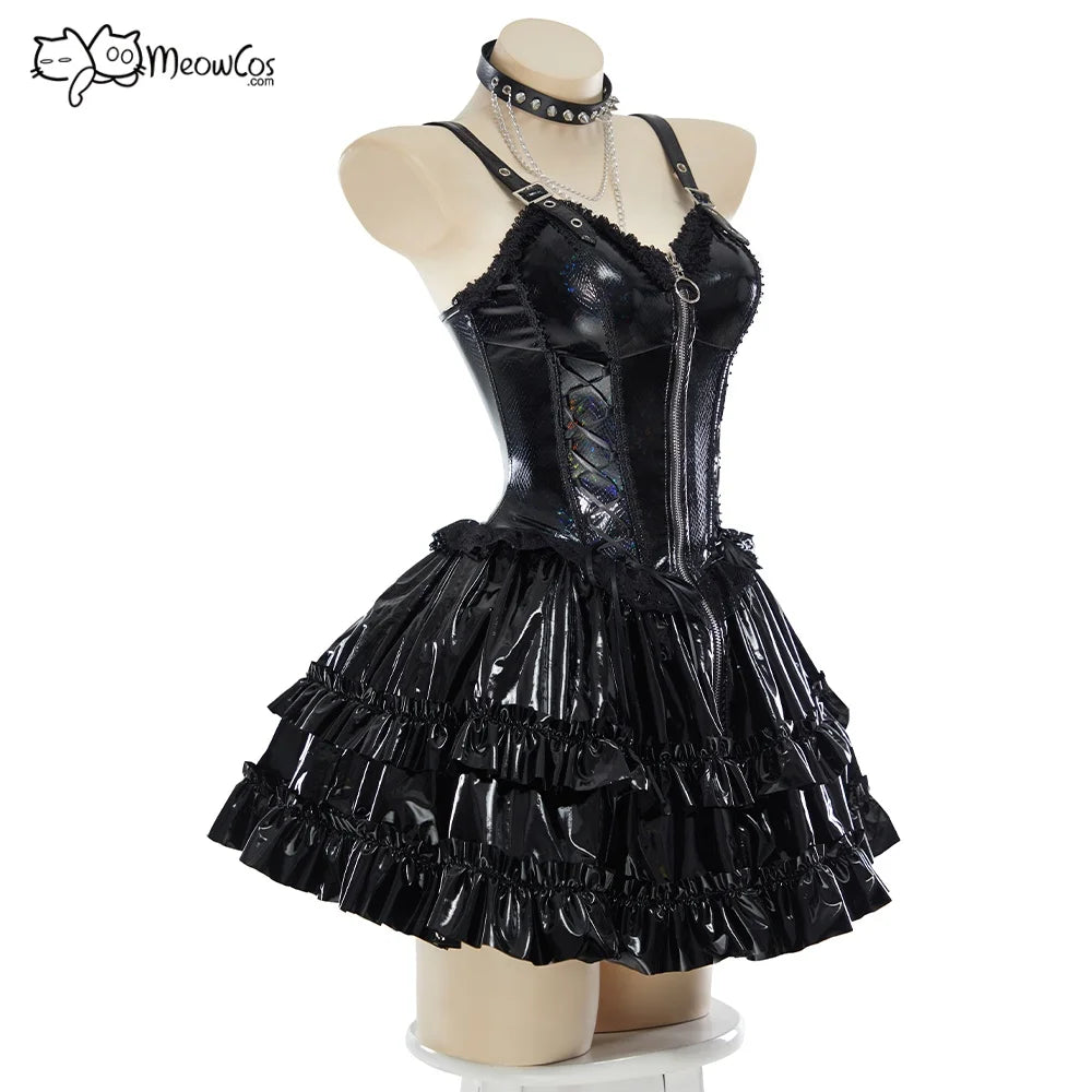 Women's Gothic A-Line Camisole Mini Dress with Detachable Sleeves and Choker Accessory Set