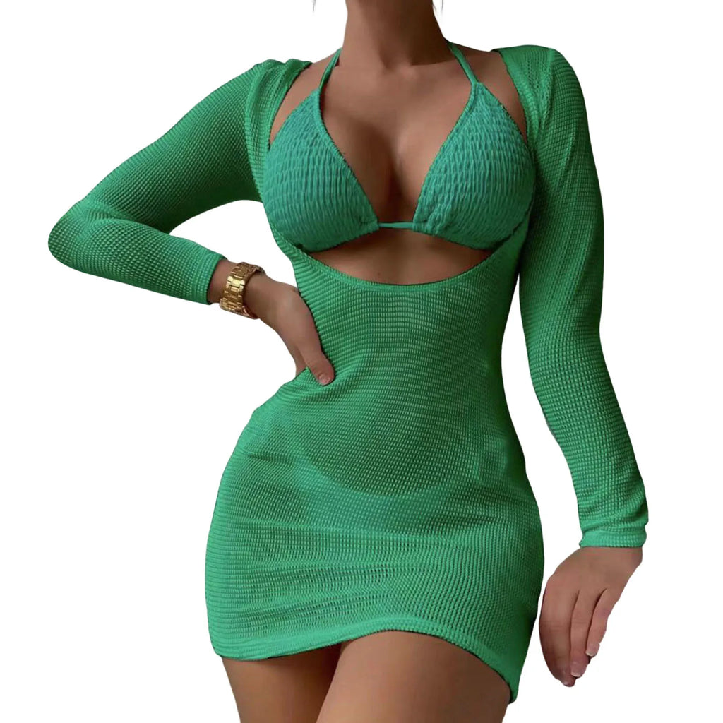Three-Piece Crisp White String Bikini Set with Sheer Mesh Long-Sleeve Cover-Up