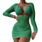 Three-Piece Crisp White String Bikini Set with Sheer Mesh Long-Sleeve Cover-Up