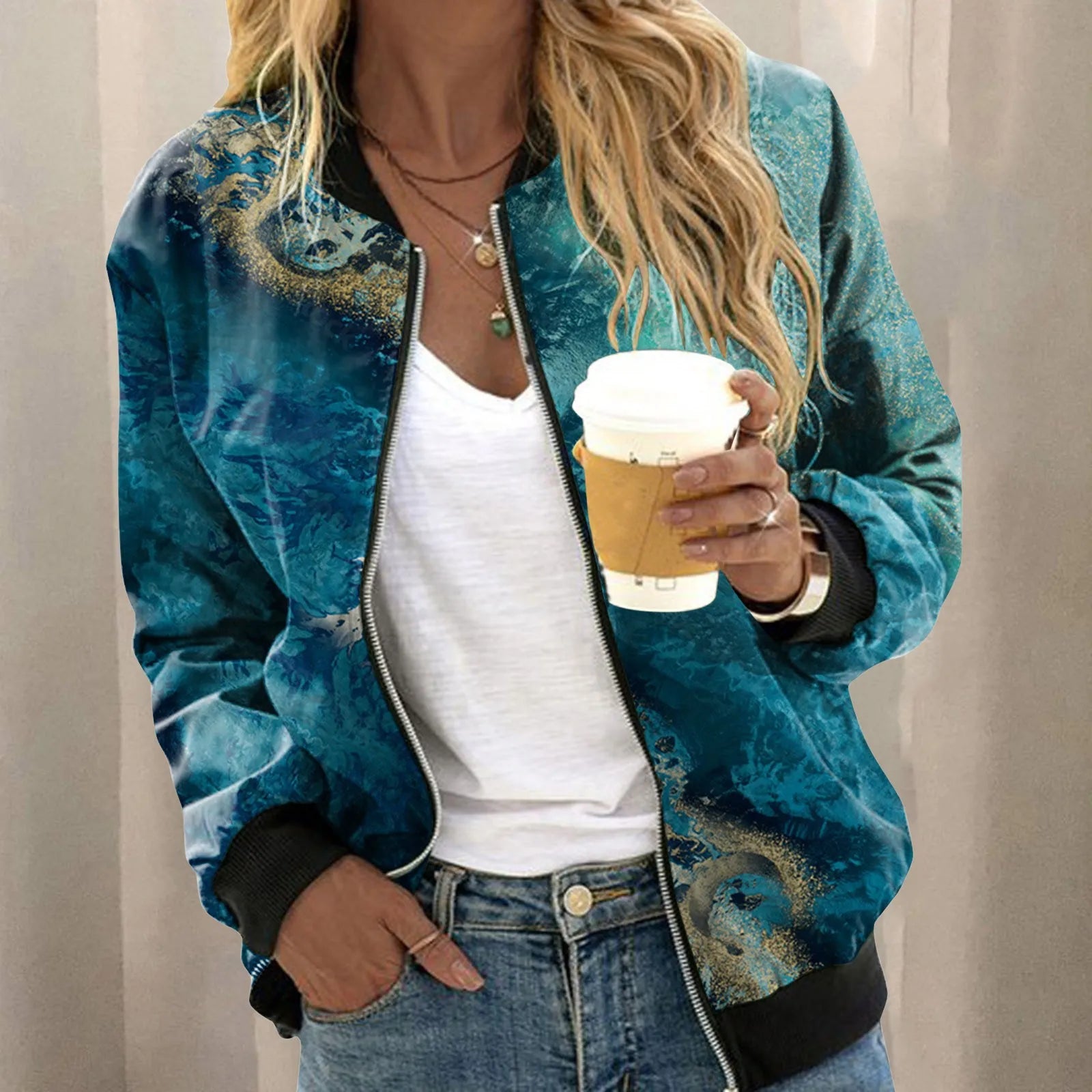 Women's Botanical Print Zip-Up Bomber Jacket with Contemporary Casual Streetwear Silhouette