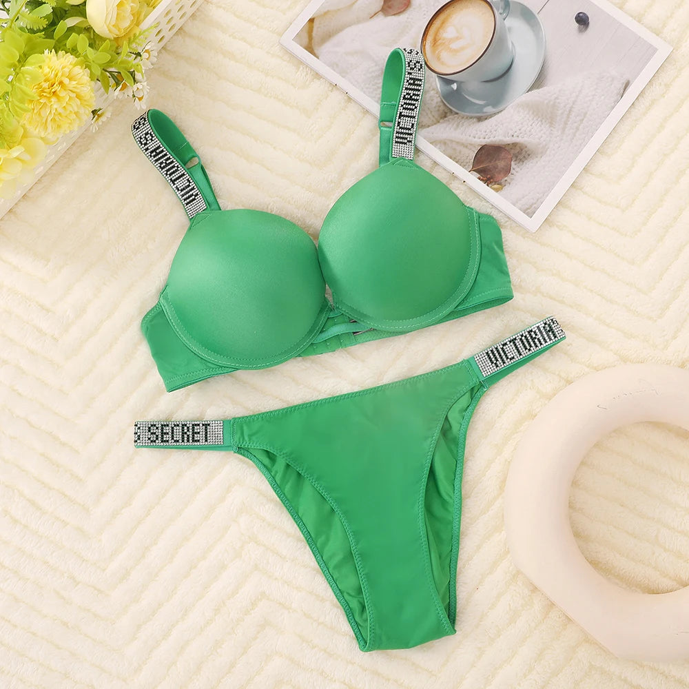Rhinestone Statement Strap Push-Up Bra and Matching Minimalist Thong Set