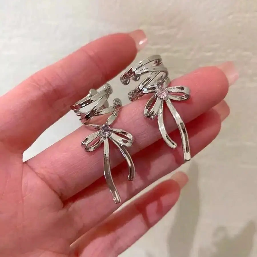 Ribbon Cross Ear Cuff with Layered Hoops for Alternative Fashion