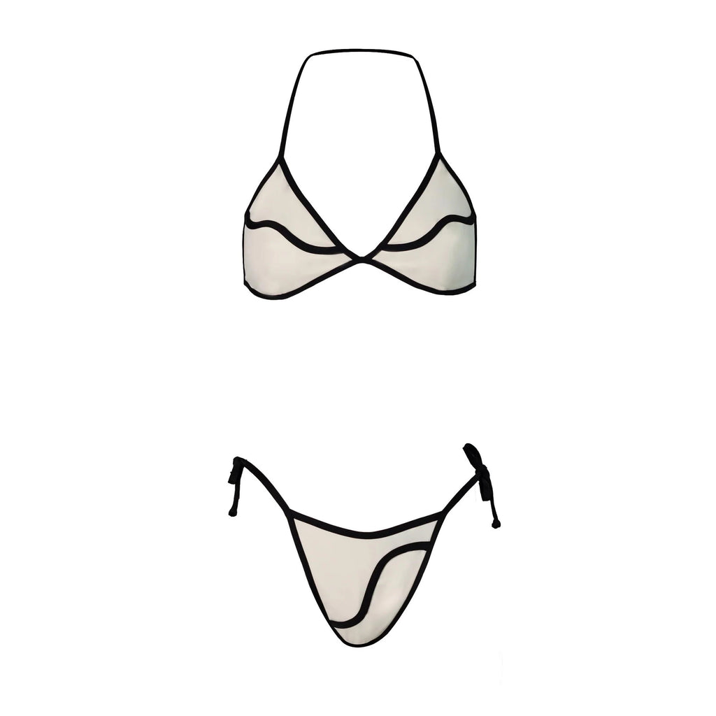 Cream and Black Contrast-Trim Triangle Bikini with Matching Maxi Skirt