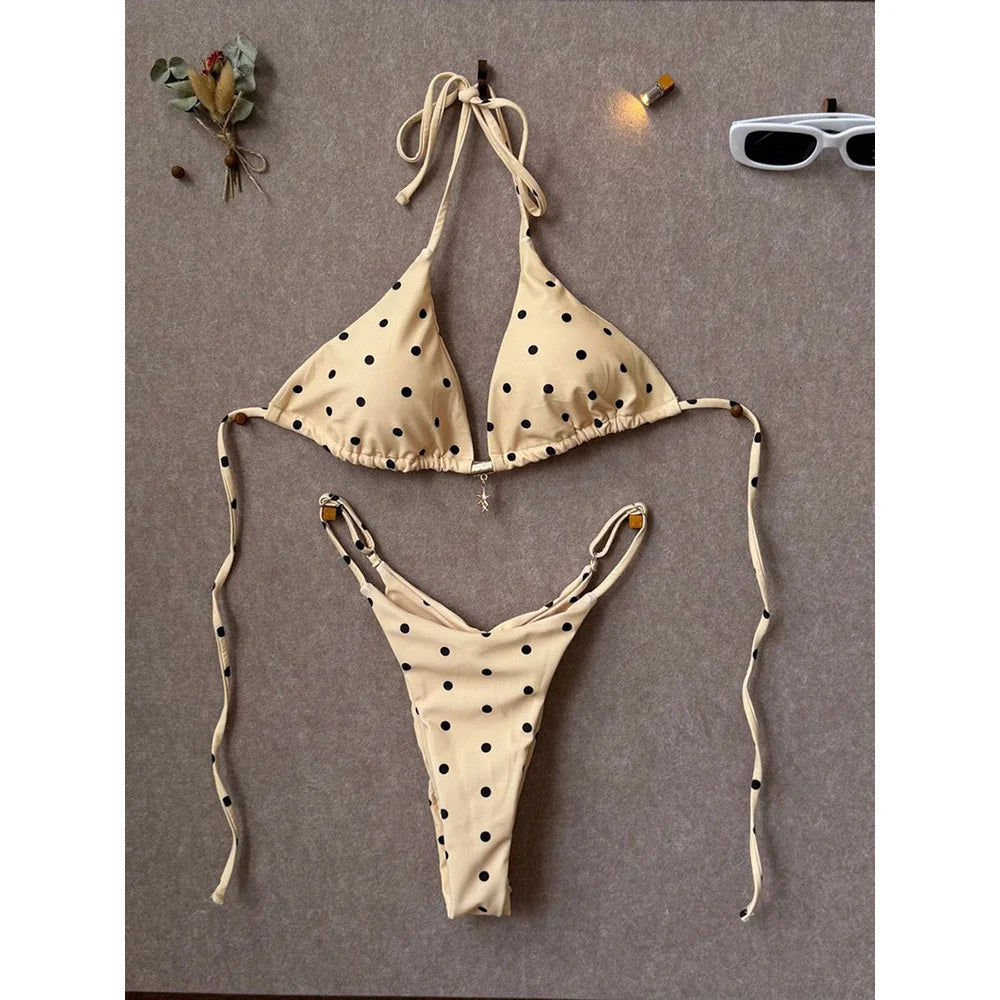 Retro Polka Dot Triangle String Bikini with Contrast Pink Straps